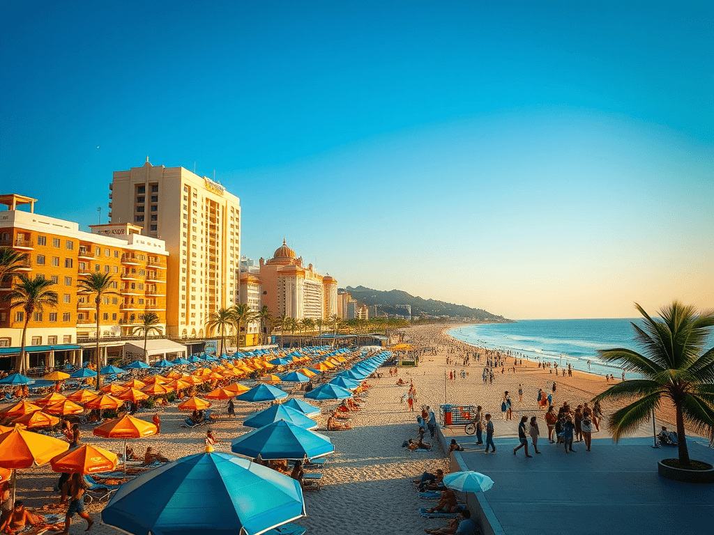 A stunning view of Copacabana Beach in Rio de Janeiro, showcasing its golden sands, blue ocean waves, and bustling shoreline with palm trees and the iconic black-and-white wave-patterned sidewalk.