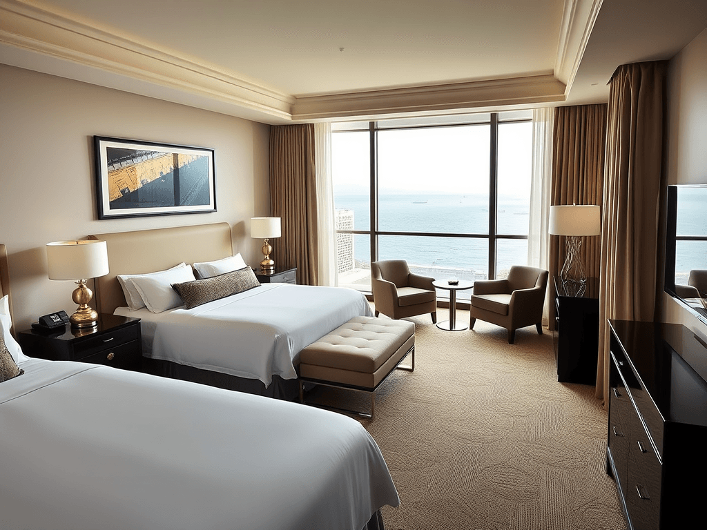 Stylish guest room at Windsor Miramar Hotel in Rio de Janeiro, featuring a plush king bed, modern décor, and ocean-view balcony near Copacabana Beach.