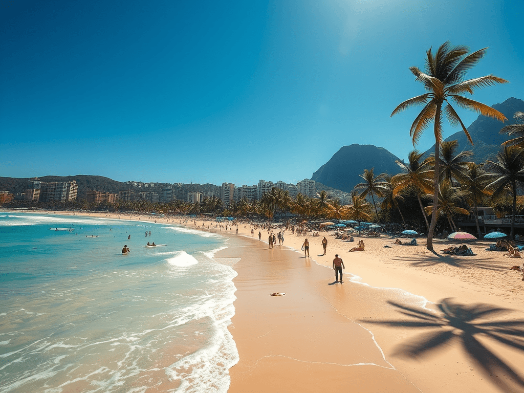 A stunning view of Ipanema Beach in Rio de Janeiro, featuring golden sands, turquoise waves, the iconic Dois Irmãos (Two Brothers) mountain backdrop, and lively beachgoers under colorful umbrellas.