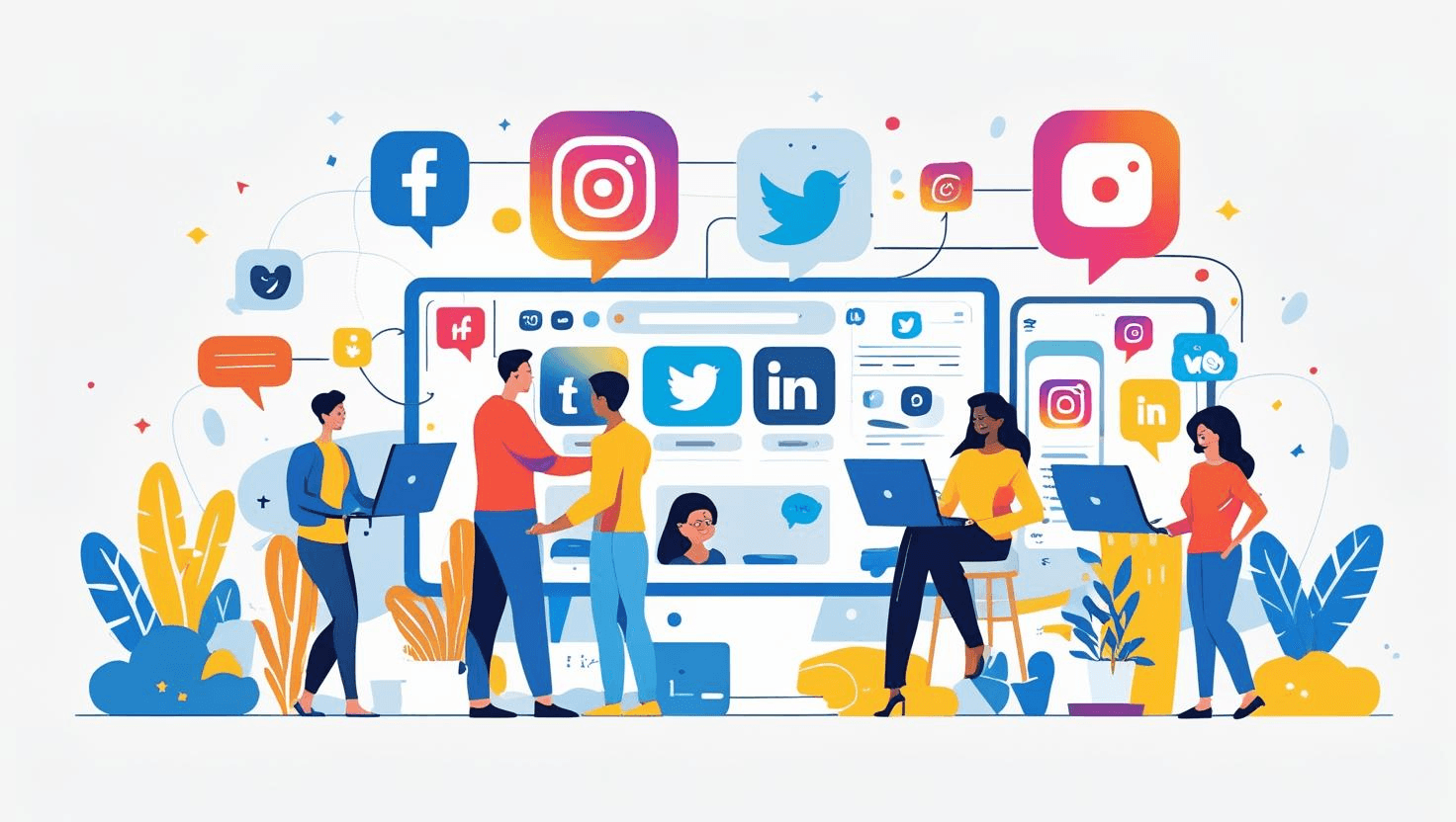 A colorful illustration depicting a group of diverse people engaging with social media platforms on laptops and mobile devices, surrounded by various social media icons.