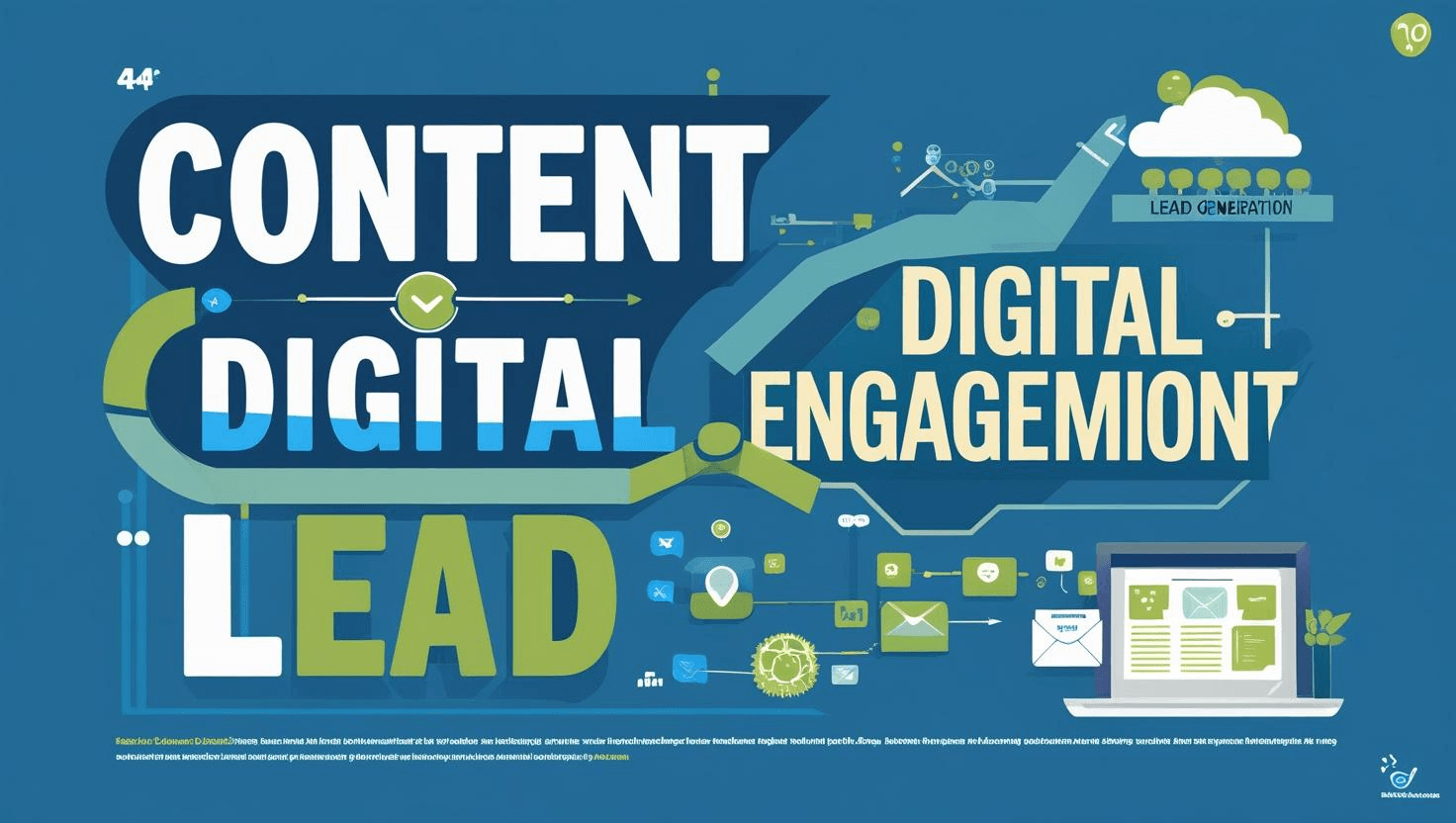 Graphic illustrating the concepts of digital content, lead generation, and digital engagement, featuring bold typography and various digital icons.
