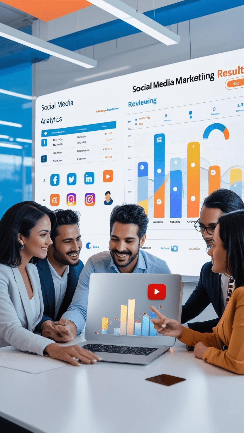 A group of professionals discussing social media marketing results while analyzing data on a laptop screen, with colorful charts displayed in the background.