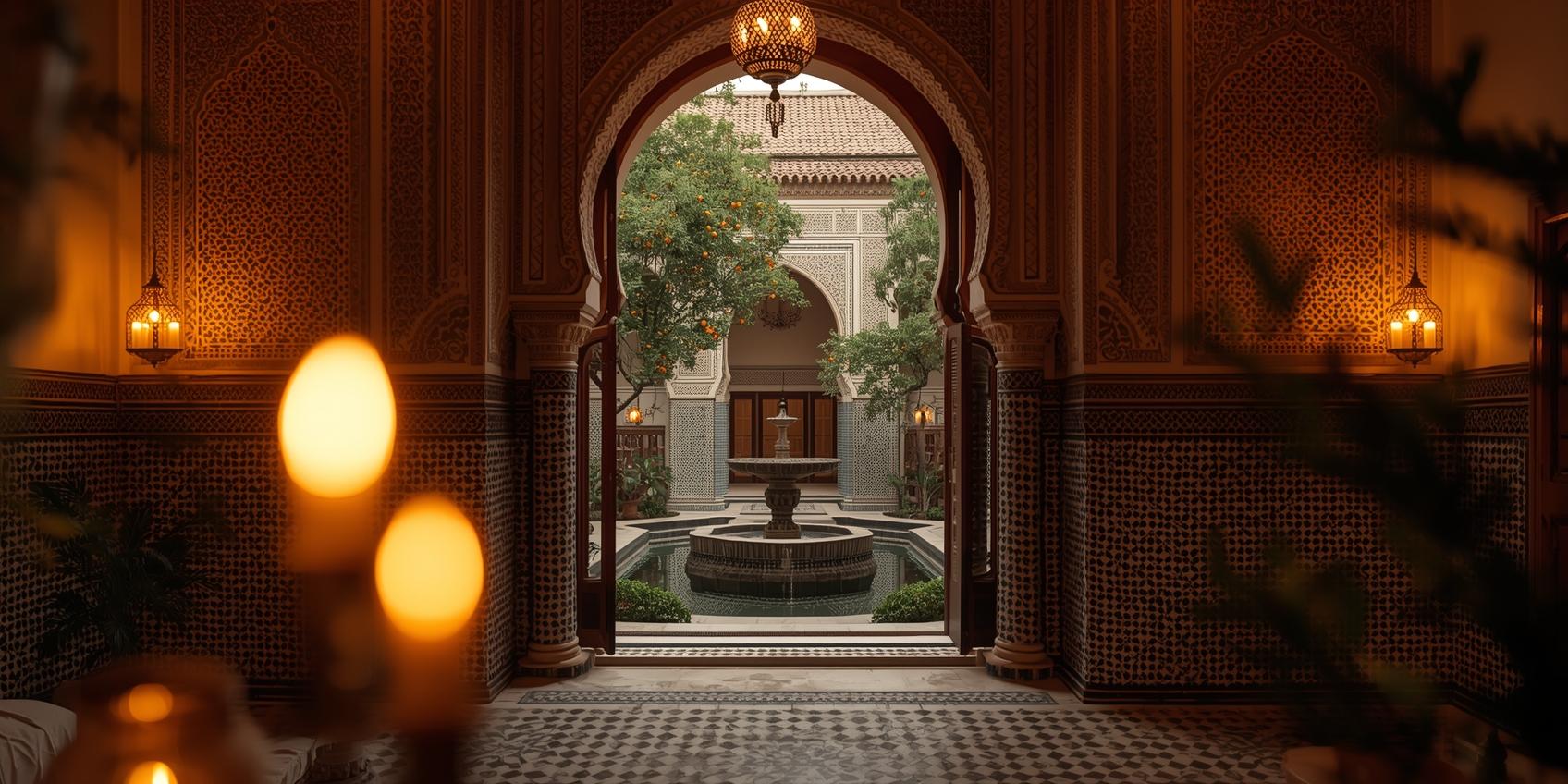 Interior of a restored 1920s Moroccan riad in Casablanca with zellige tilework, arched doorways, and a courtyard fountain